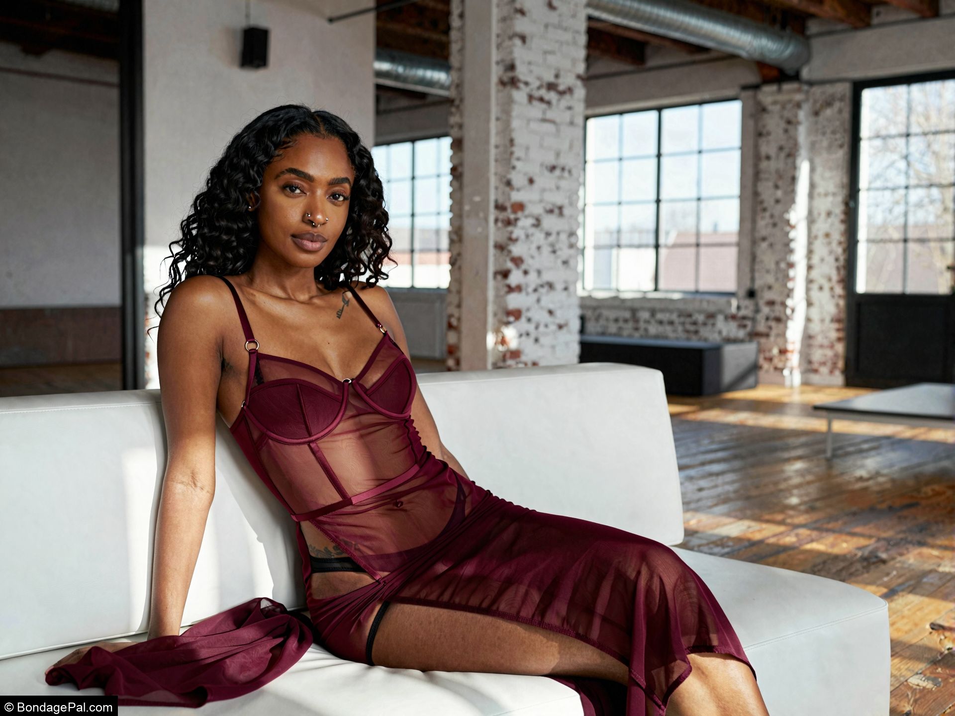 Woman seated on white sofa in sheer burgundy lingerie dress in bright loft with wooden floors and brick interior