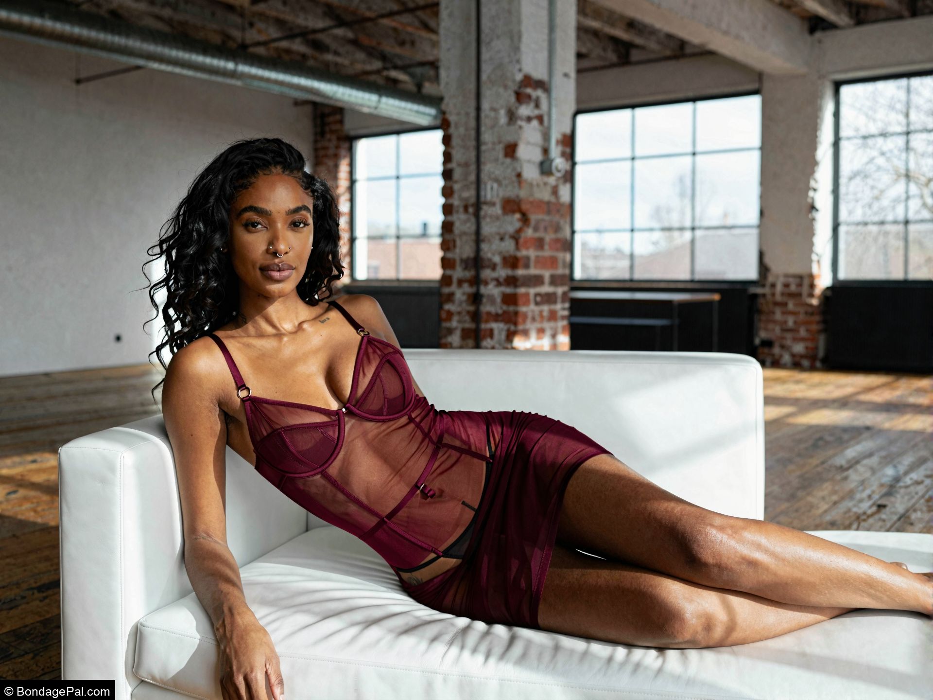 Woman reclining on white sofa in sheer burgundy lingerie dress in industrial loft with natural light and brick walls