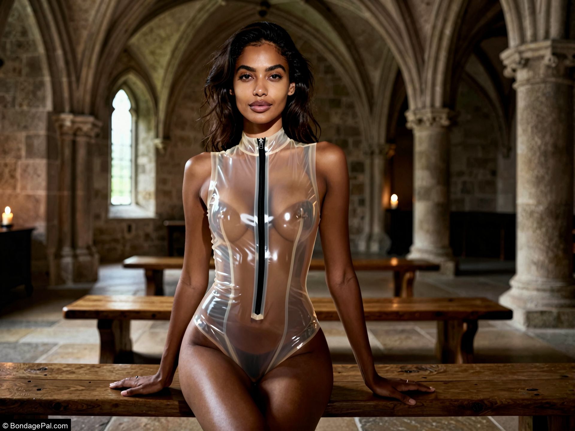 Woman in transparent latex bodysuit sitting on wooden bench in stone hall