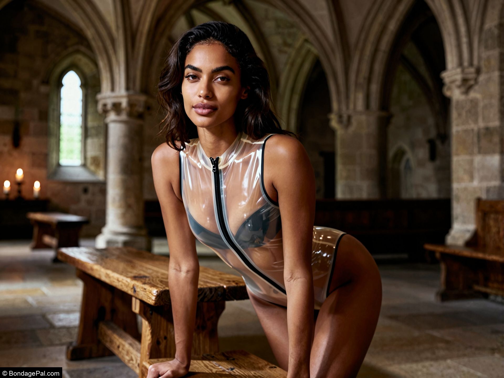 Woman leaning forward in latex outfit over wooden bench in stone interior