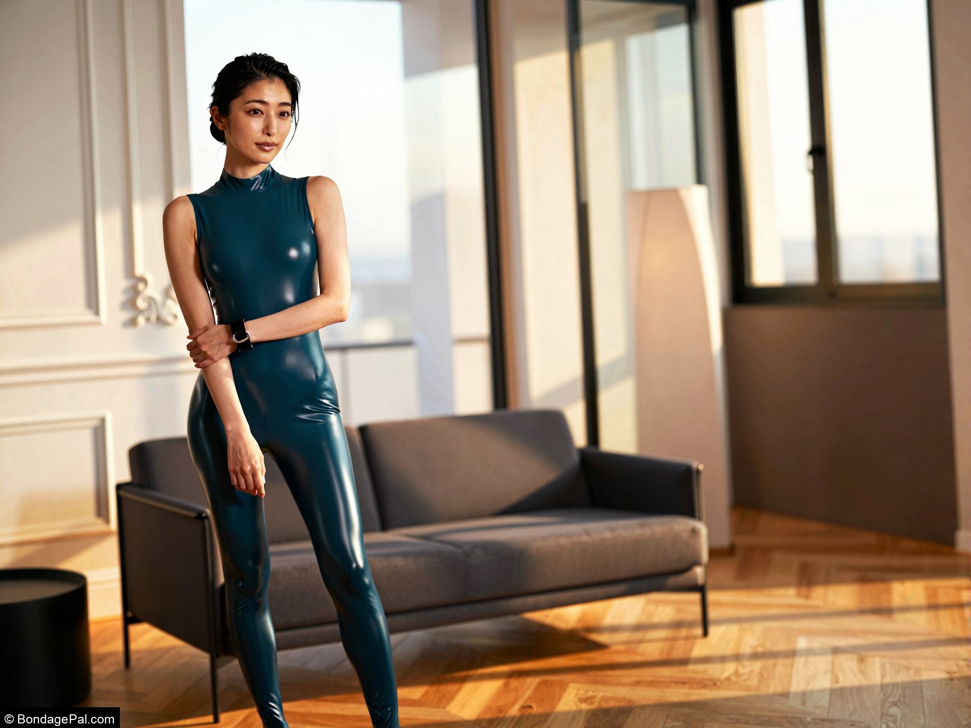 Woman standing in dark teal sleeveless latex catsuit in minimalist living room with large windows and warm sunlight