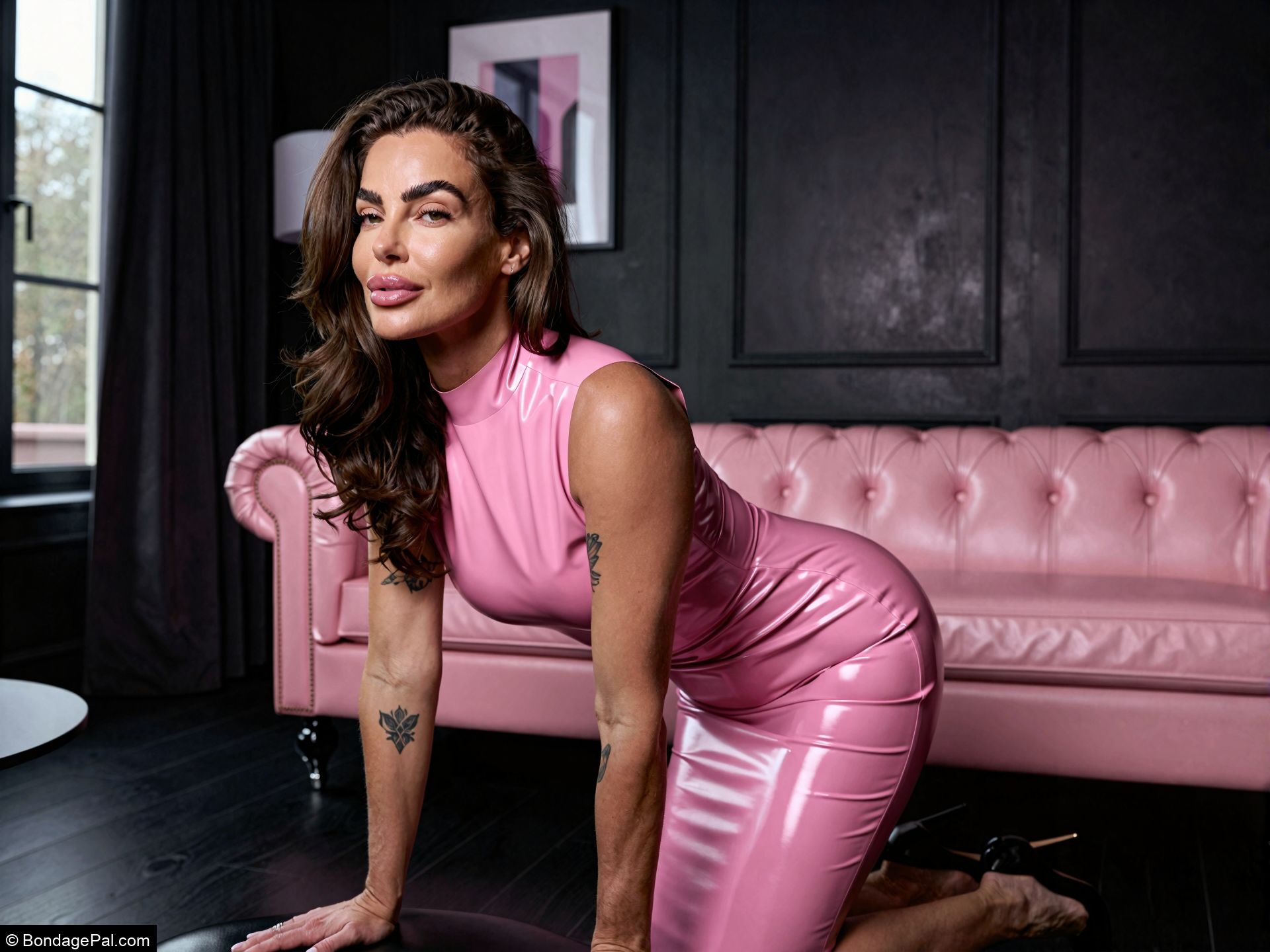 Woman leaning forward on hands in pink latex dress in modern interior